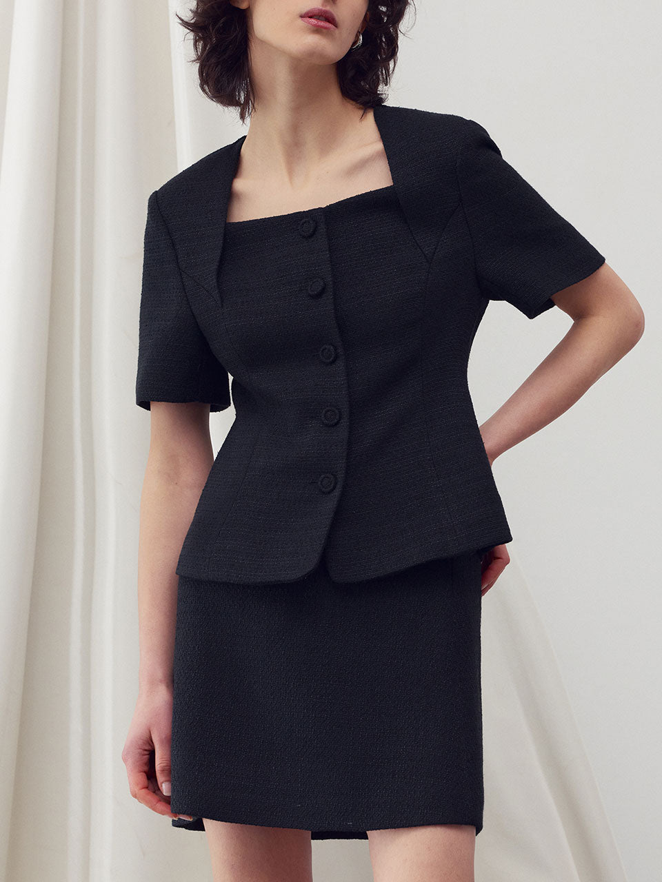 Square neck half sleeves tweed jacket - fasfas