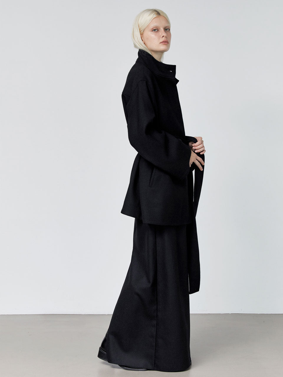 Zaha stand collar belted coat black - fasfas