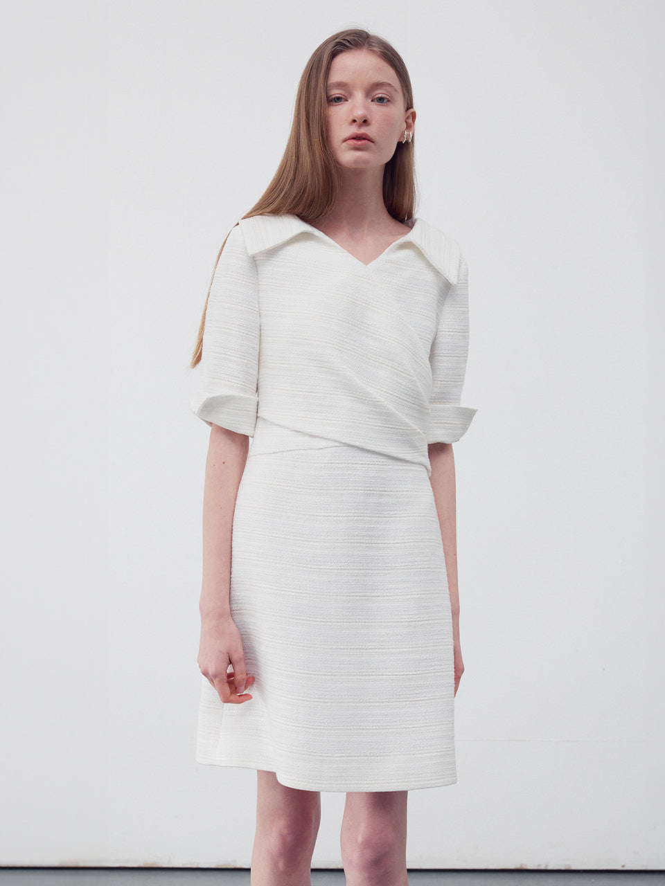 Wrap front tweed dress white - fasfas