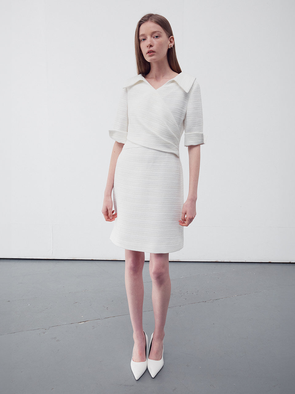 Wrap front tweed dress white - fasfas