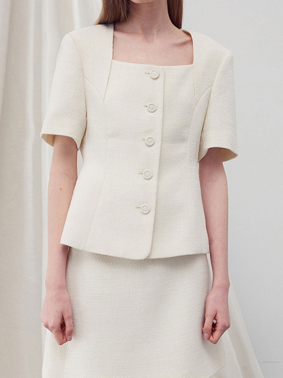 Square neck half sleeves tweed jacket ivory - fasfas