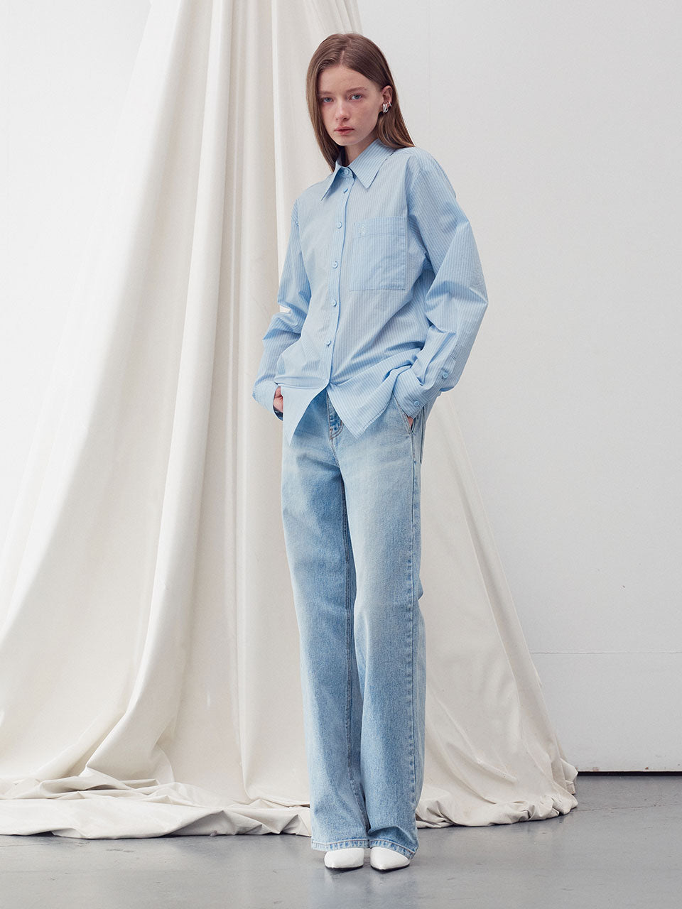 Embroidered stripe pocket shirt sky blue - fasfas
