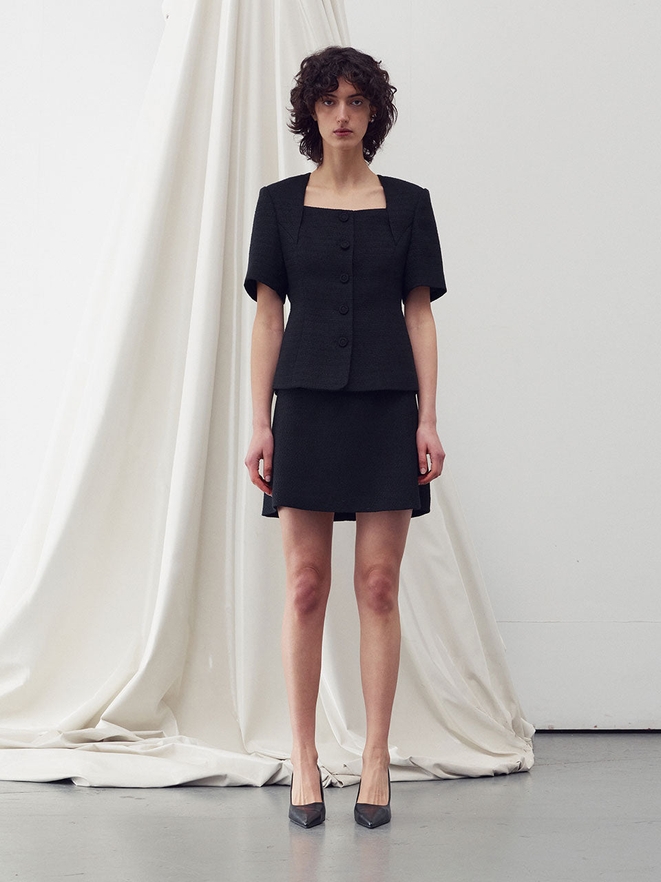 Square neck half sleeves tweed jacket - fasfas