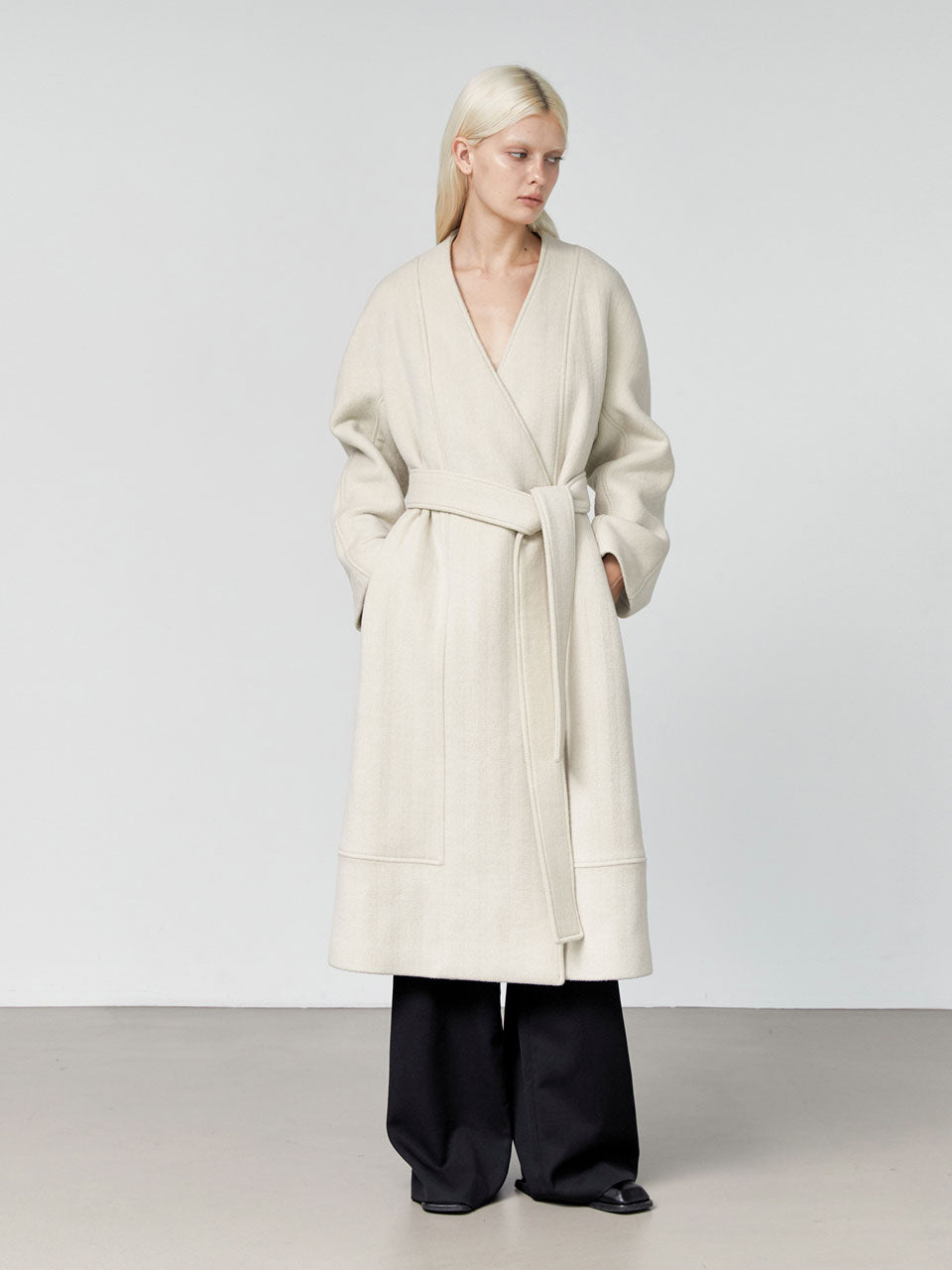 Nouvel collarless wool coat ivory sand - fasfas