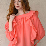 Square neck loose fit ruffle blouse coral