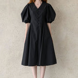 V-neck puff sleeve a-line dress black
