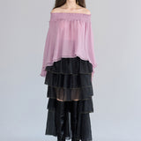 Cape style off-shoulder silk blouse