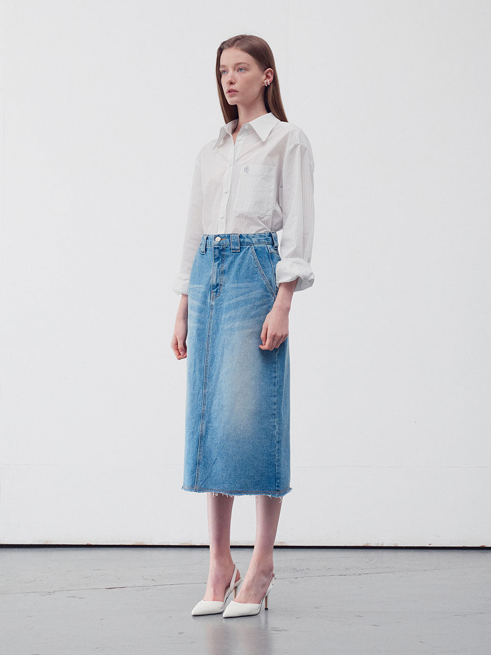 Denim a-line midi skirt mid blue - fasfas