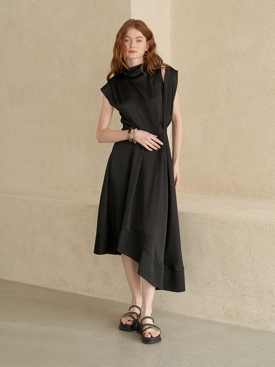 Sleeveless slit draped asymmetric long dress black fasfas Sleeveless slit draped asymmetric long dress black fasfas