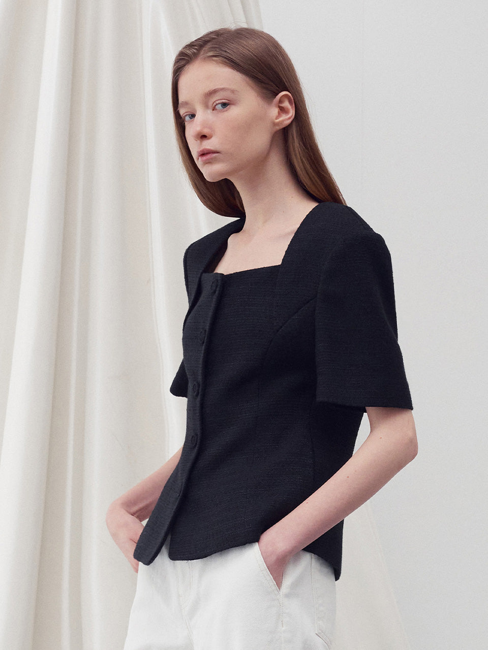 Square neck half sleeves tweed jacket - fasfas