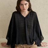 Bead-embellished paneled cape sleeve blouse