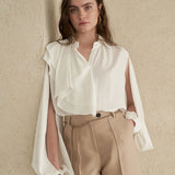 Asymmetric flared collar slit sleeve blouse