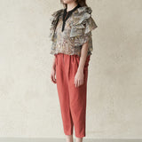 Layered sleeve slit-neck silk blouse