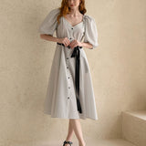 Ribbon puff sleeve a-line dress white & black