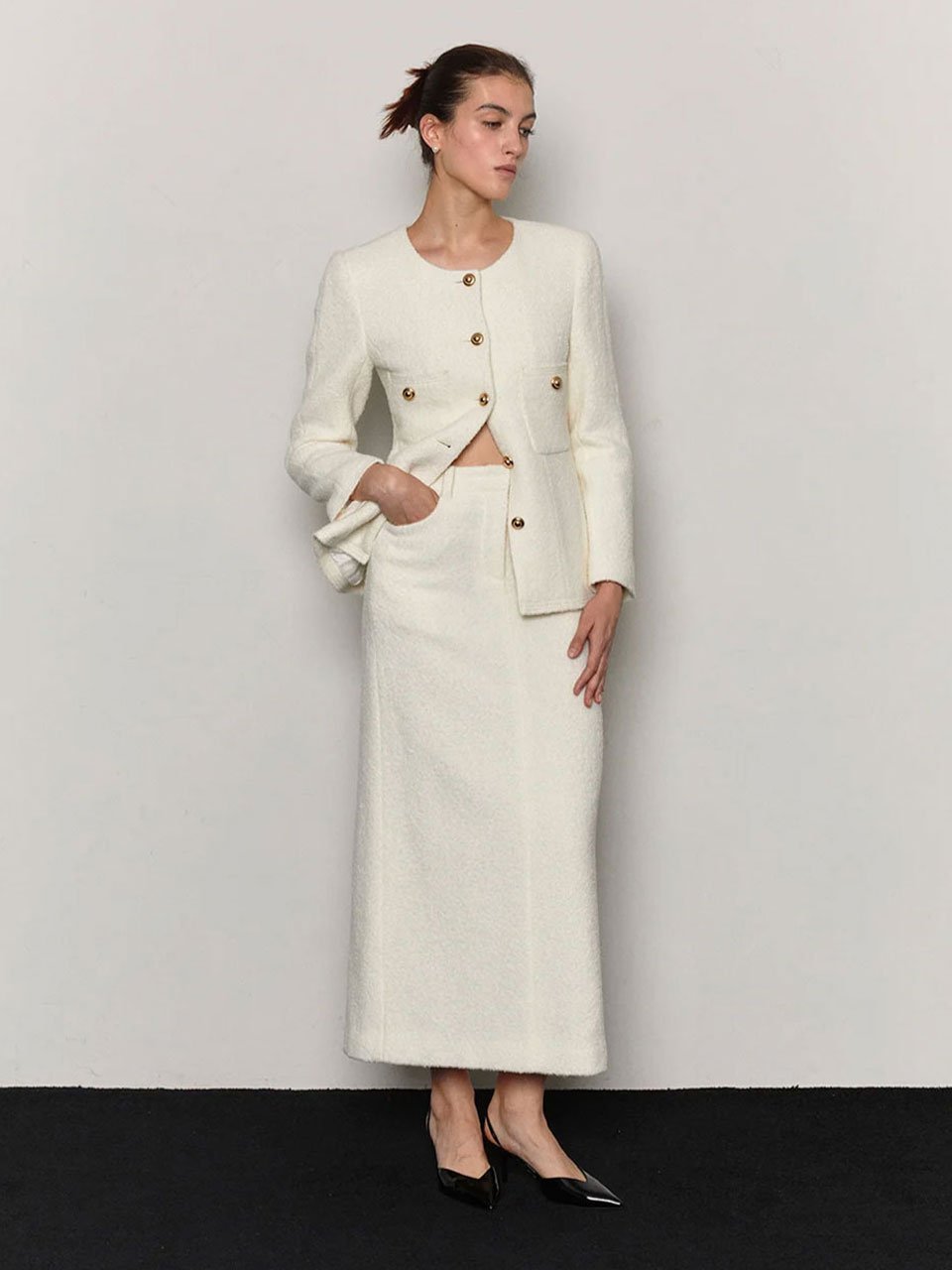 Alpaca wool blended boucle tweed maxi skirt ivory - fasfas