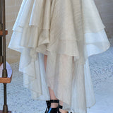 Asymmetric 3-tiered long skirt khaki