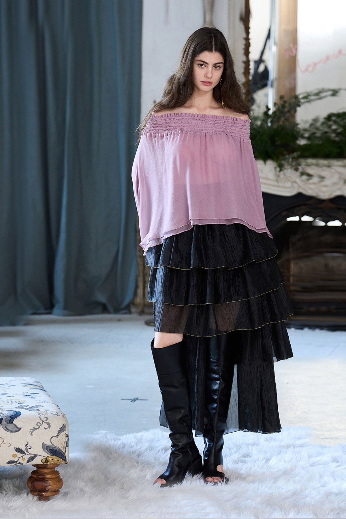 Asymmetric 5-tiered long skirt black - fasfas