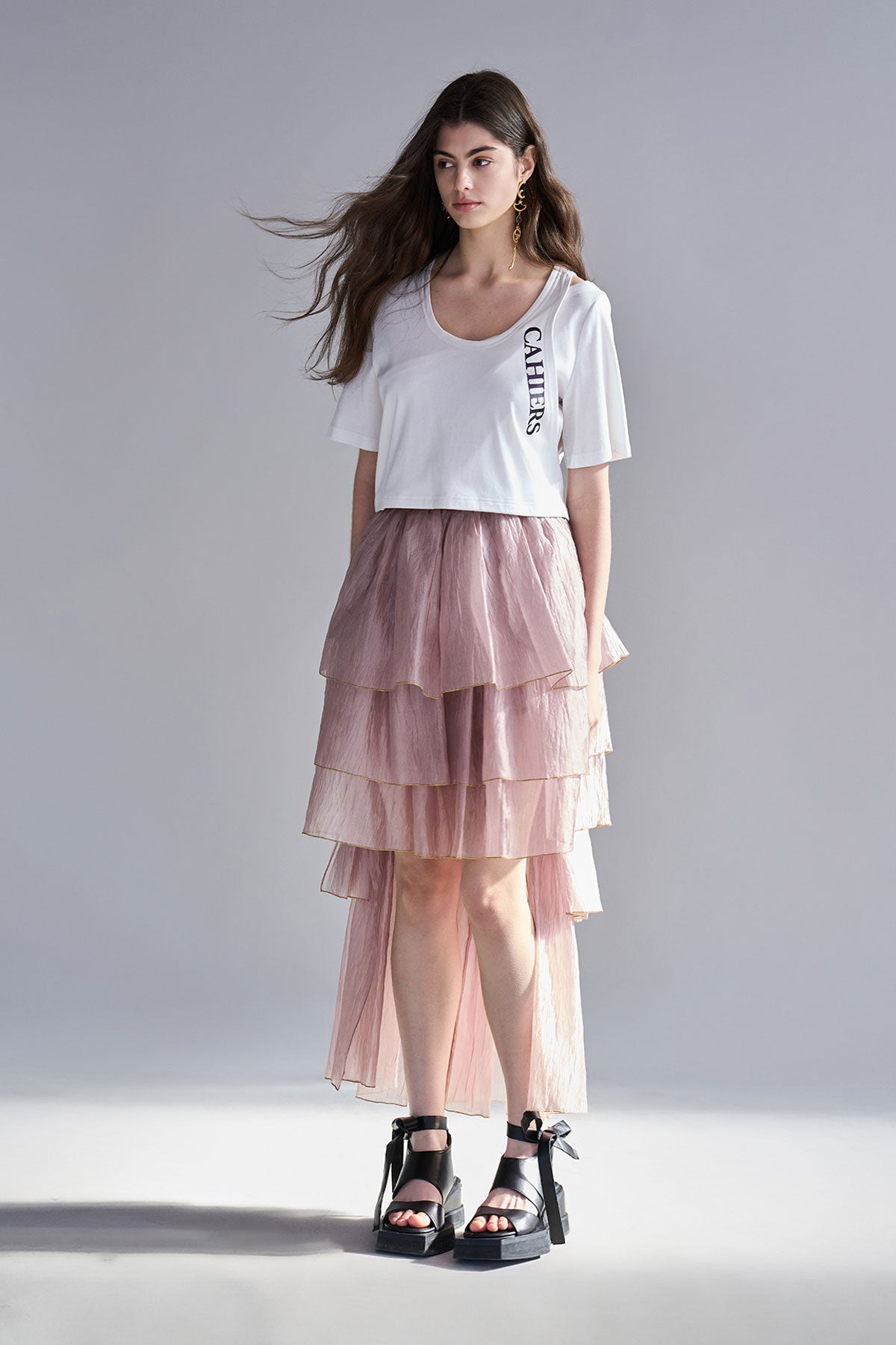 Asymmetric 5-tiered long skirt indie pink - fasfas