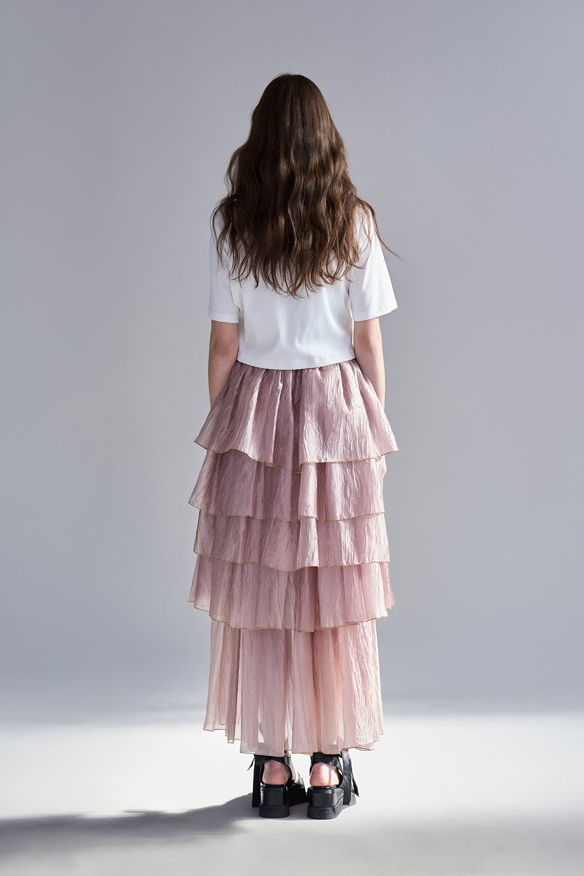 Asymmetric 5-tiered long skirt indie pink - fasfas