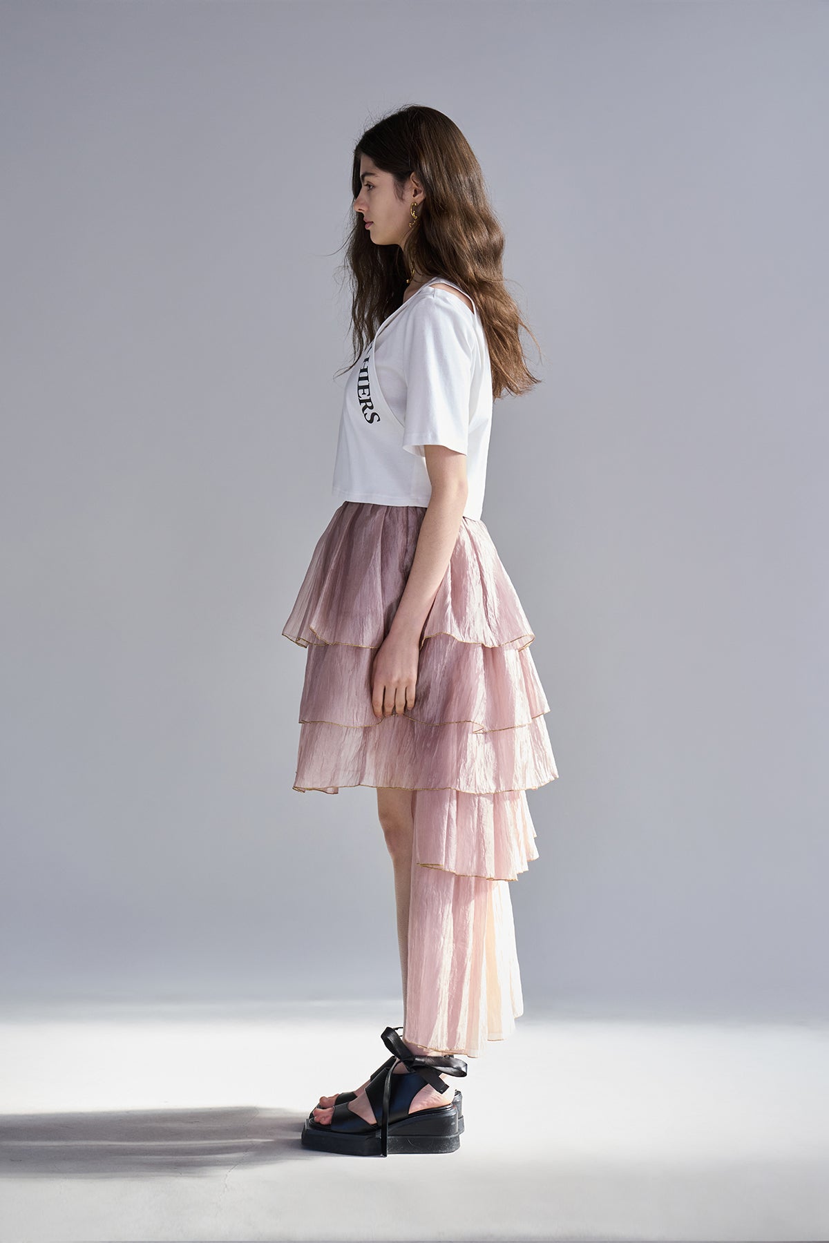 Asymmetric 5-tiered long skirt indie pink - fasfas