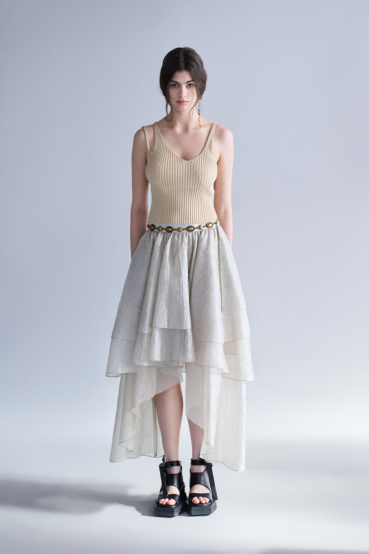 Asymmetric 3-tiered long skirt khaki - fasfas