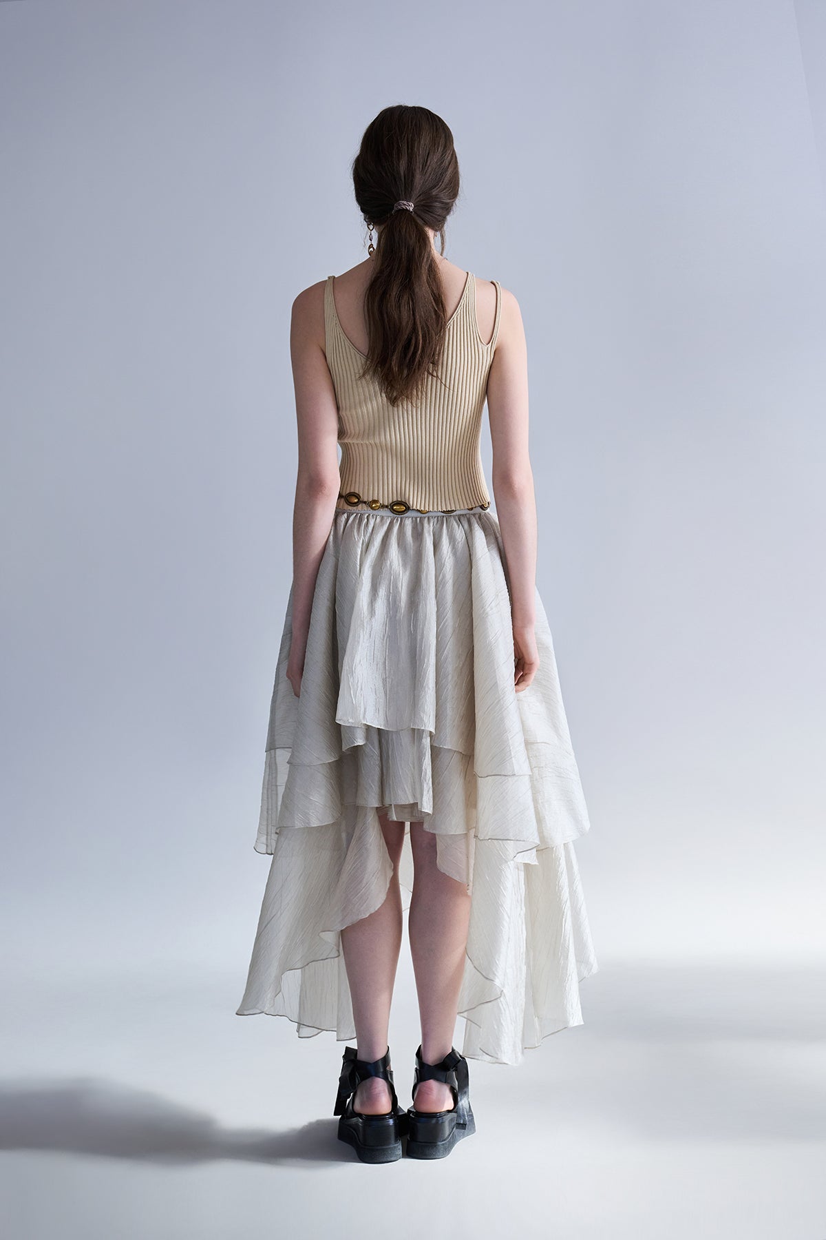 Asymmetric 3-tiered long skirt khaki - fasfas