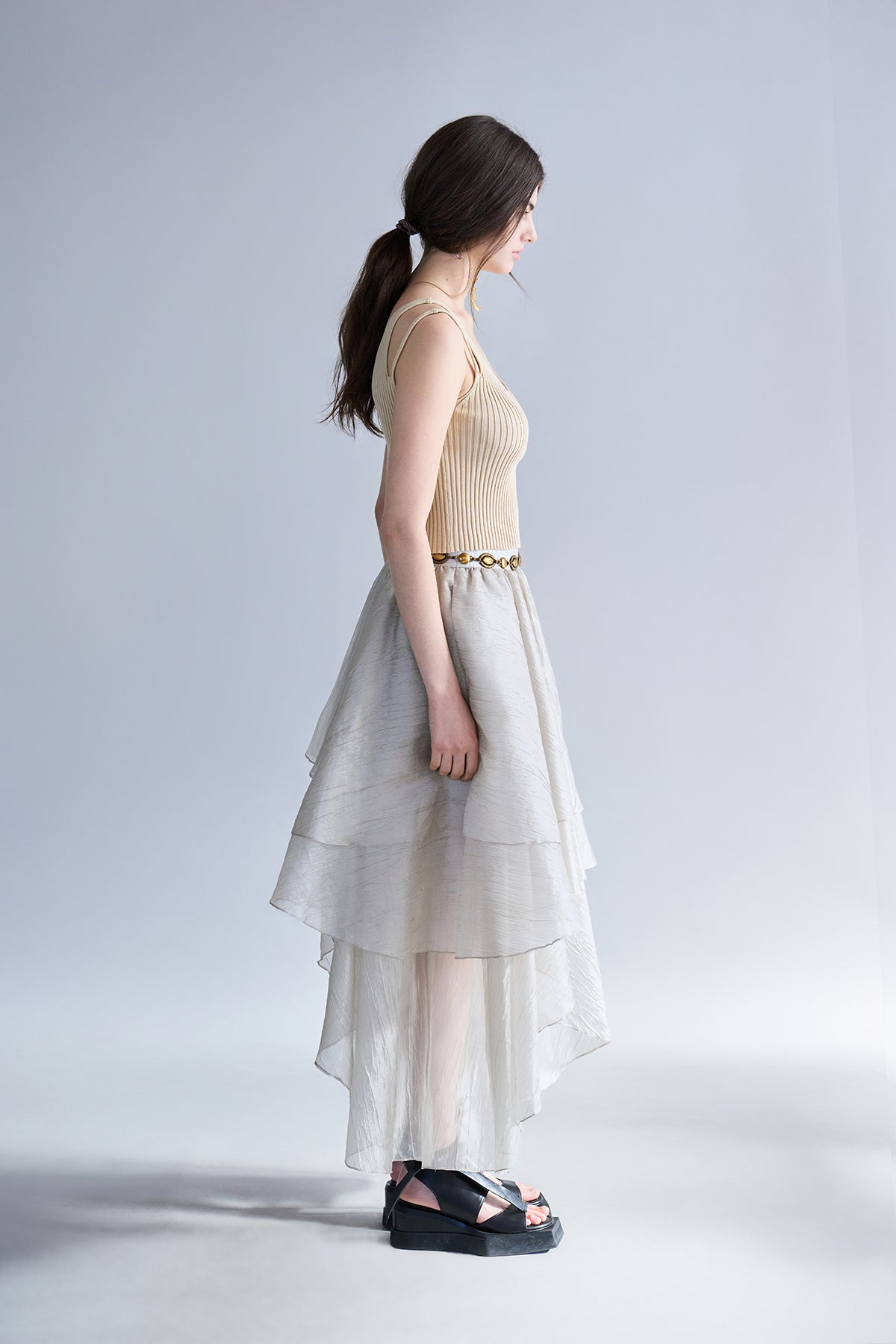 Asymmetric 3-tiered long skirt khaki - fasfas
