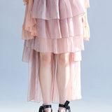 Asymmetric 5-tiered long skirt indie pink