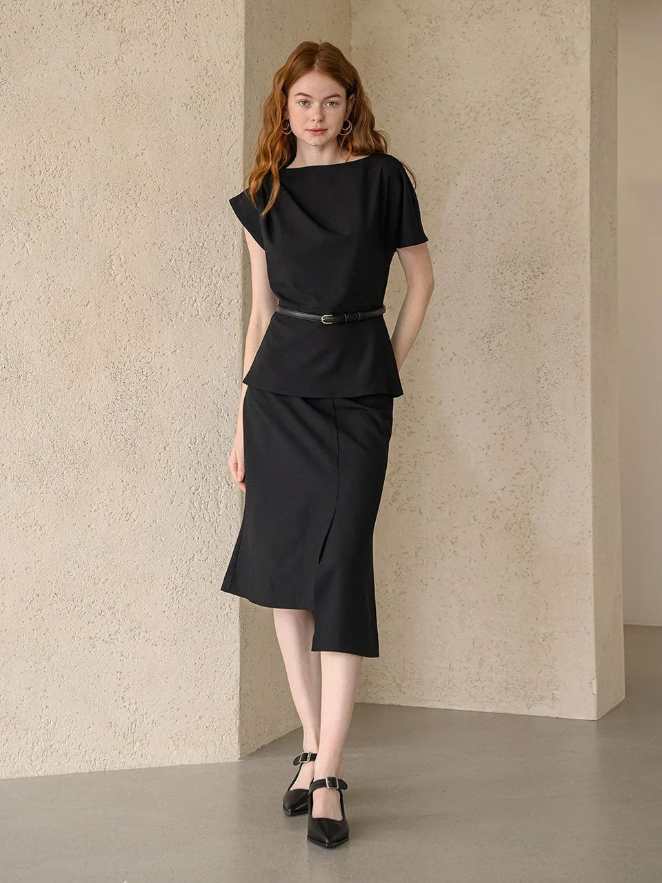 Asymmetric daped blouse top black - fasfas
