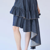 Asymmetric tiered denim skirt