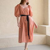 Ribbon puff sleeve a-line dress orange & beige - fasfas
