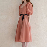 Ribbon puff sleeve a-line dress orange & beige - fasfas