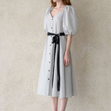 Ribbon puff sleeve a-line dress white & black - fasfas