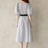 Ribbon puff sleeve a-line dress white & black - fasfas