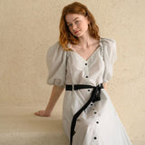 Ribbon puff sleeve a-line dress white & black - fasfas