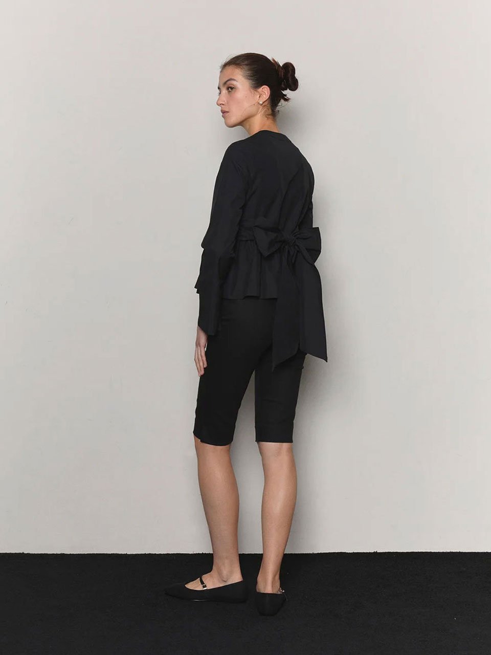 Bow belted peplum blouse black - fasfas