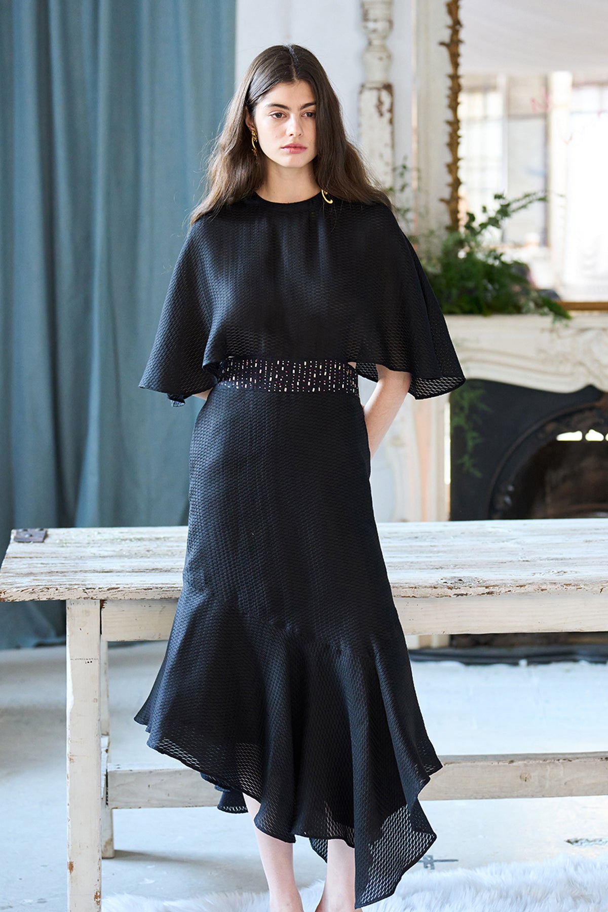 Cape style asymmetric black silk dress - fasfas