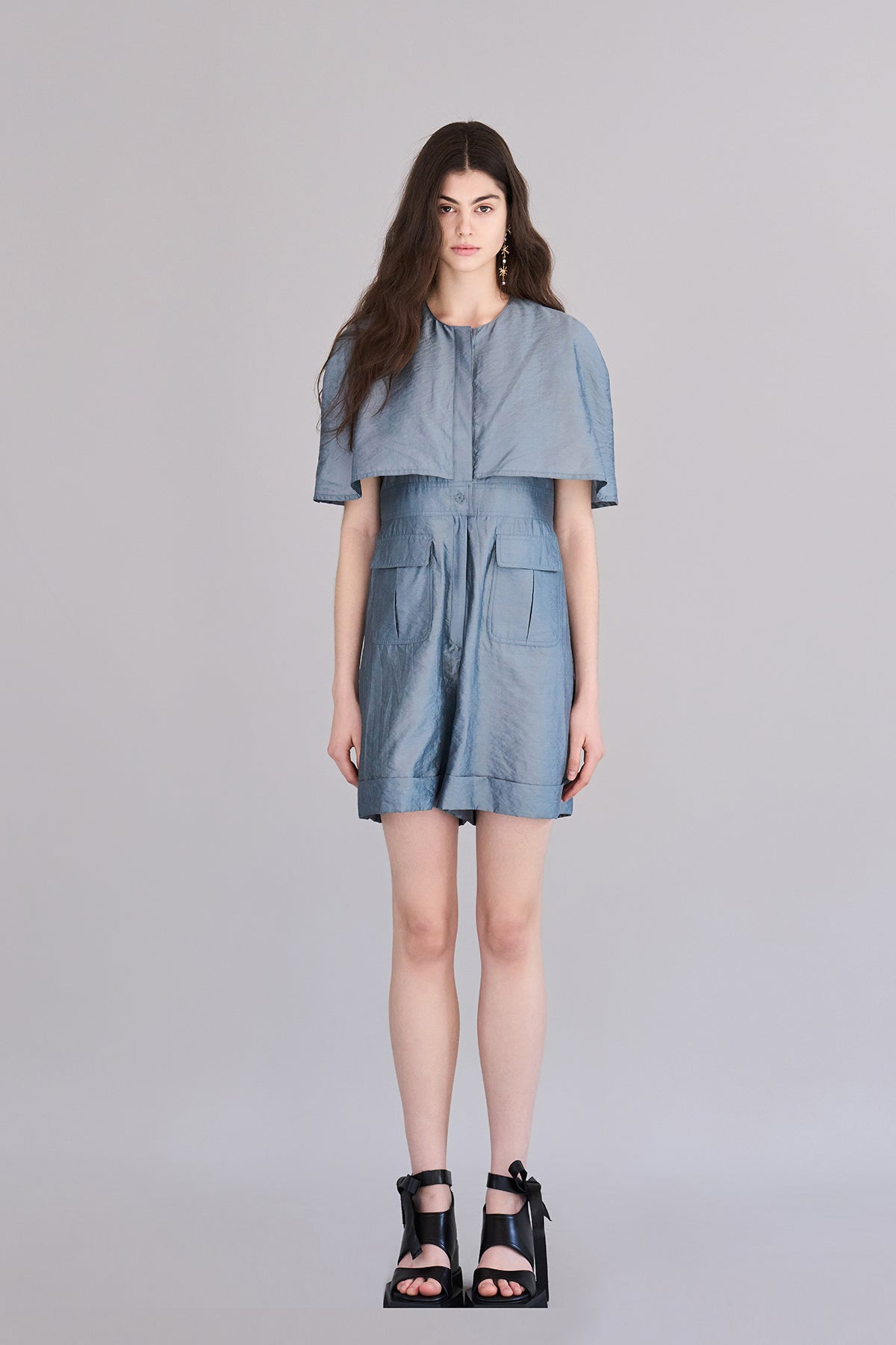 Cape style roll-up short jumpsuit - fasfas