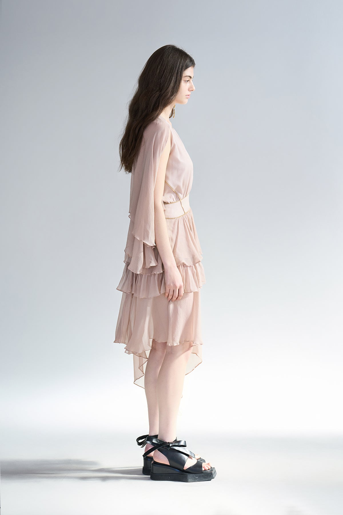 Cutout cape sleeve asymmetric silk dress - fasfas