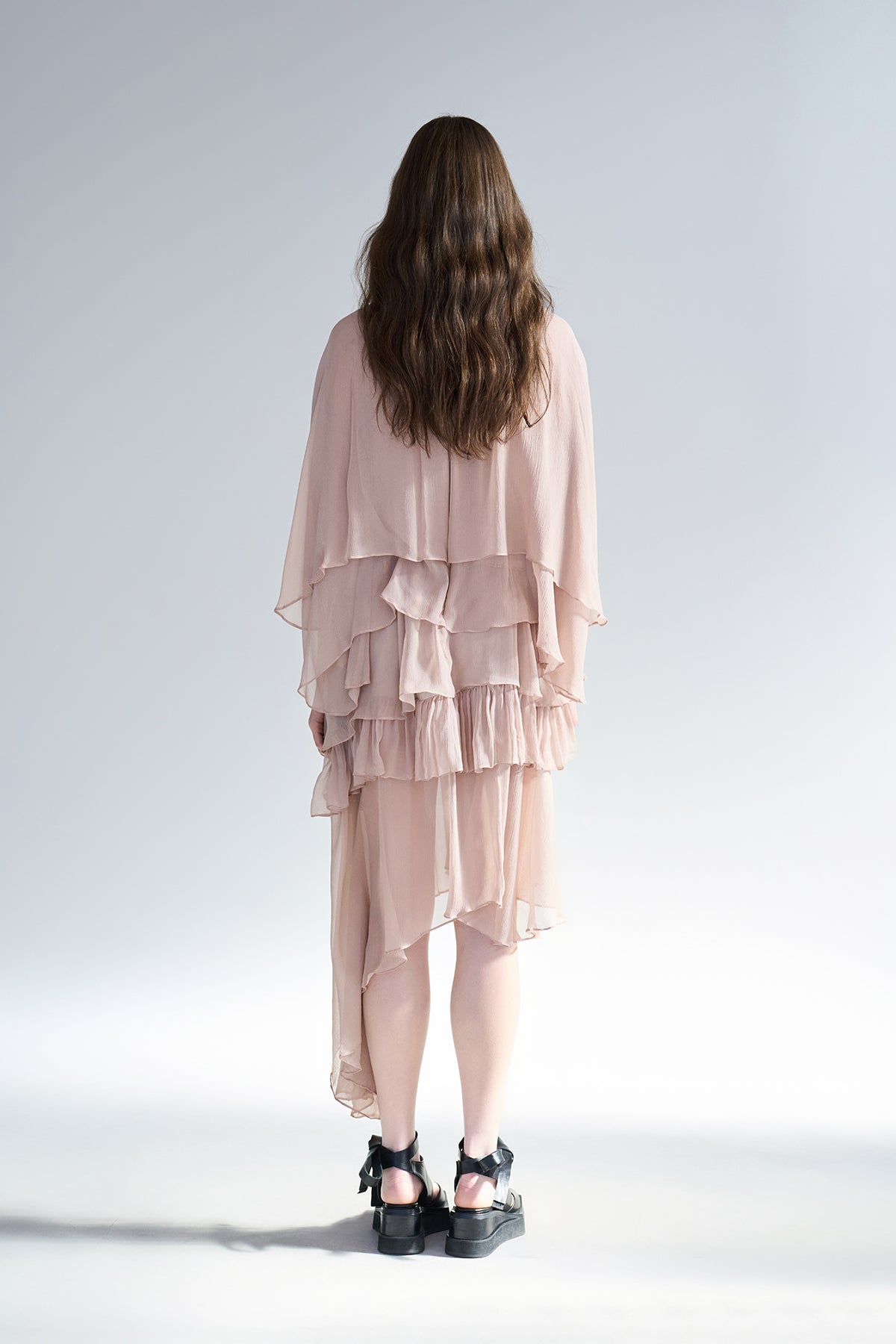 Cutout cape sleeve asymmetric silk dress - fasfas