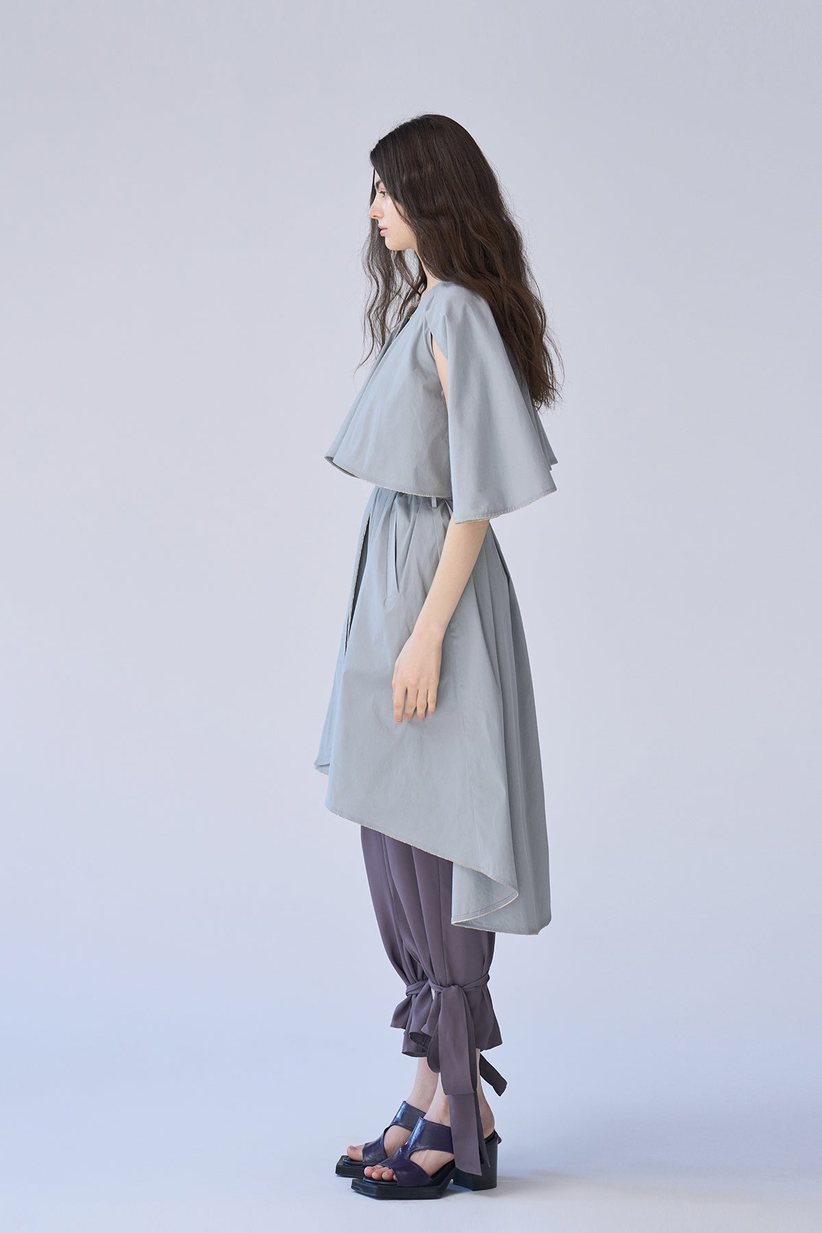 Cutout cape sleeve asymmetric trench coat lavender gray - fasfas