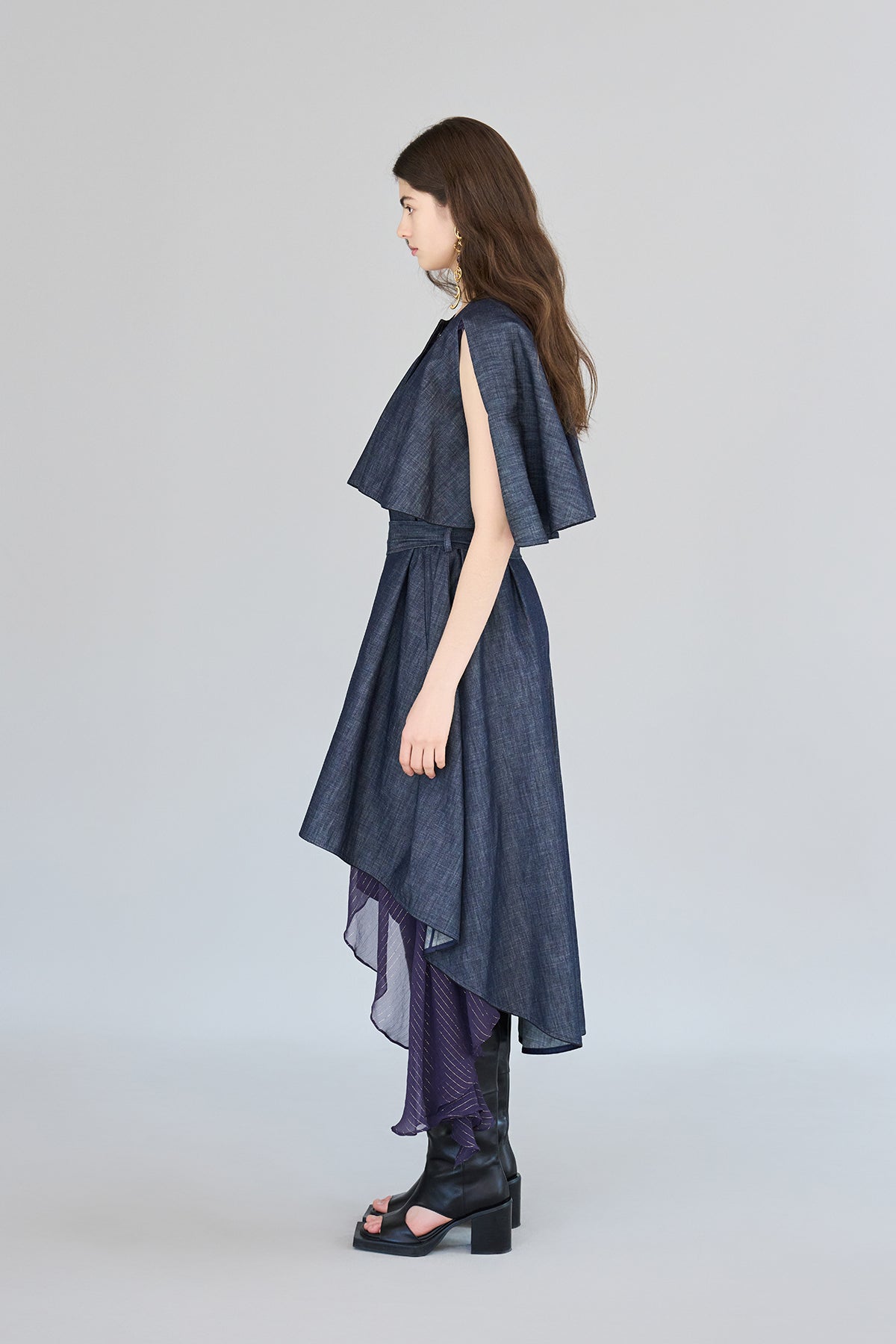 Cutout cape sleeve asymmetric trench coat navy blue - fasfas