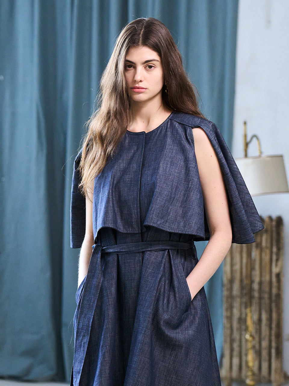 Cutout cape sleeve asymmetric trench coat navy blue - fasfas