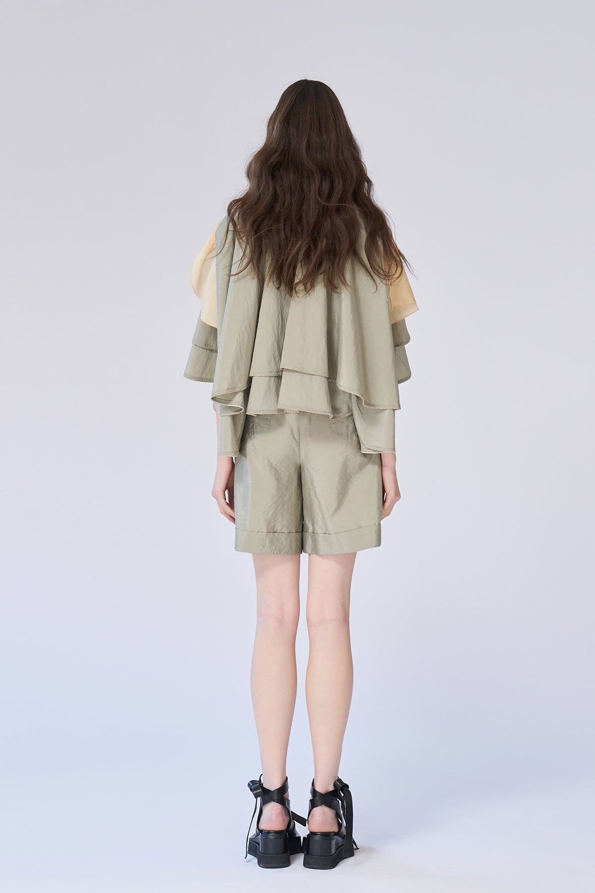 Cutout cape sleeve crop silk jacket - fasfas