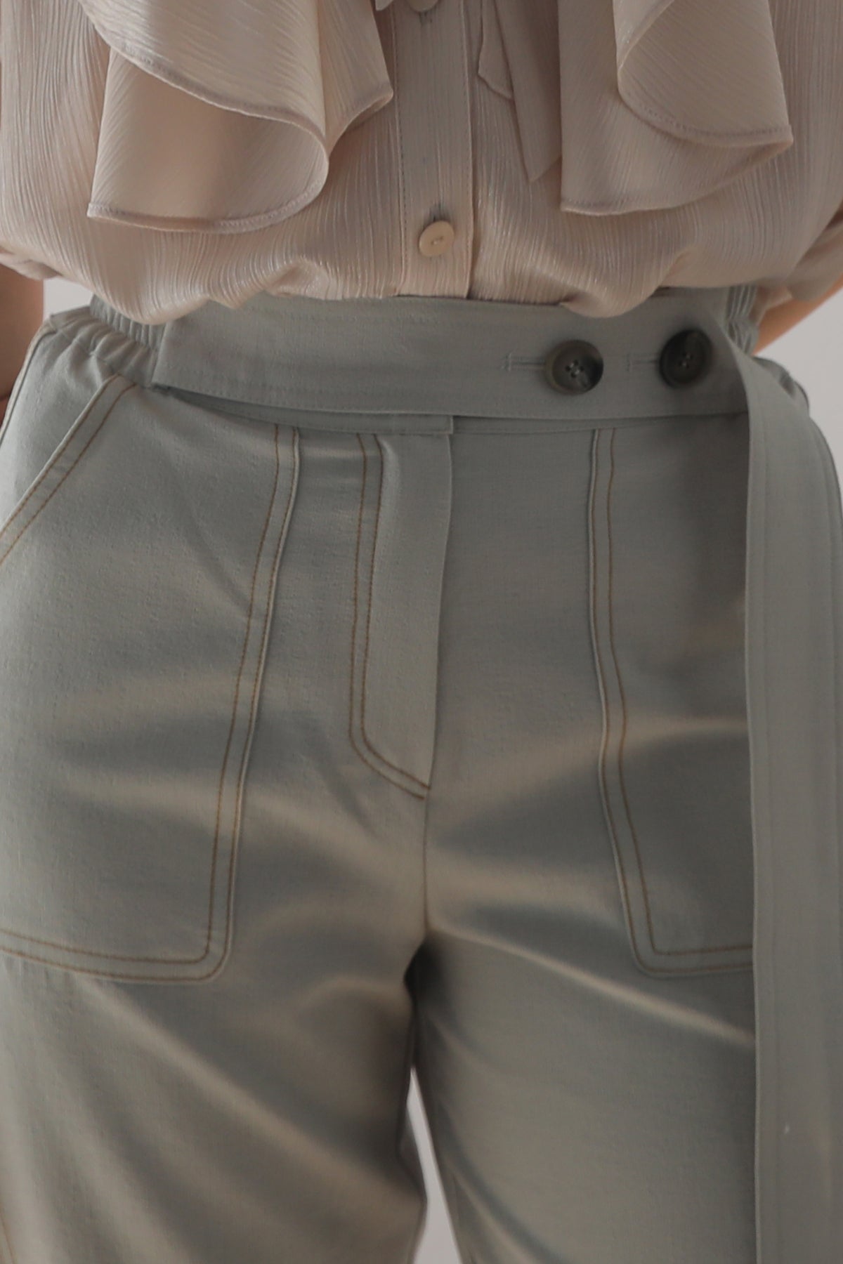 High waist banding baggy pants light khaki - fasfas