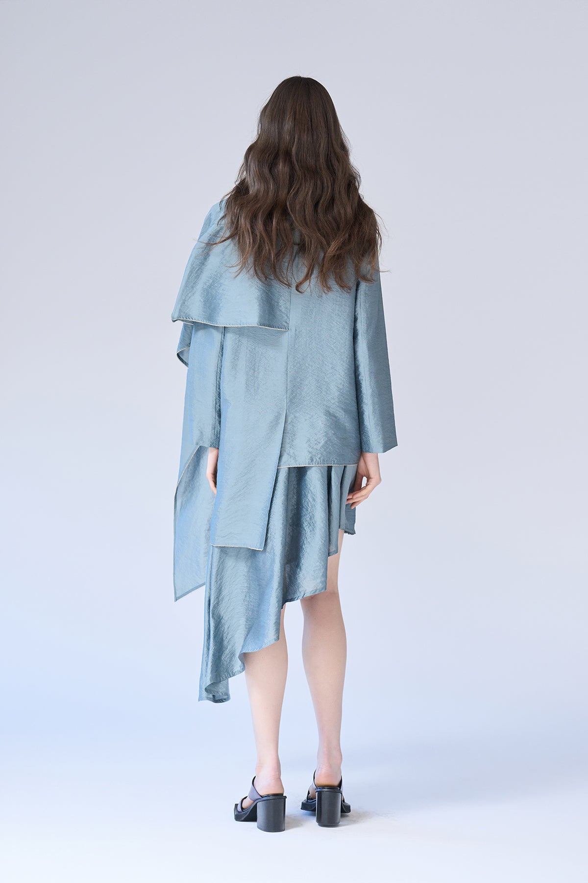 Double button drape muffler jacket blue - fasfas