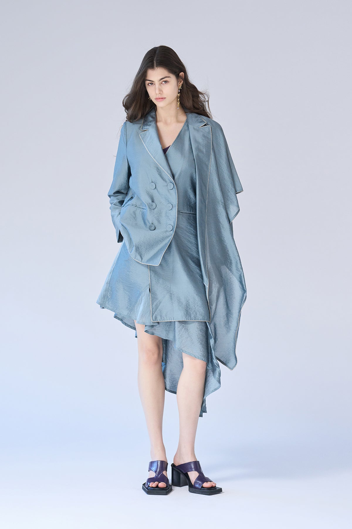 Double button drape muffler jacket blue - fasfas