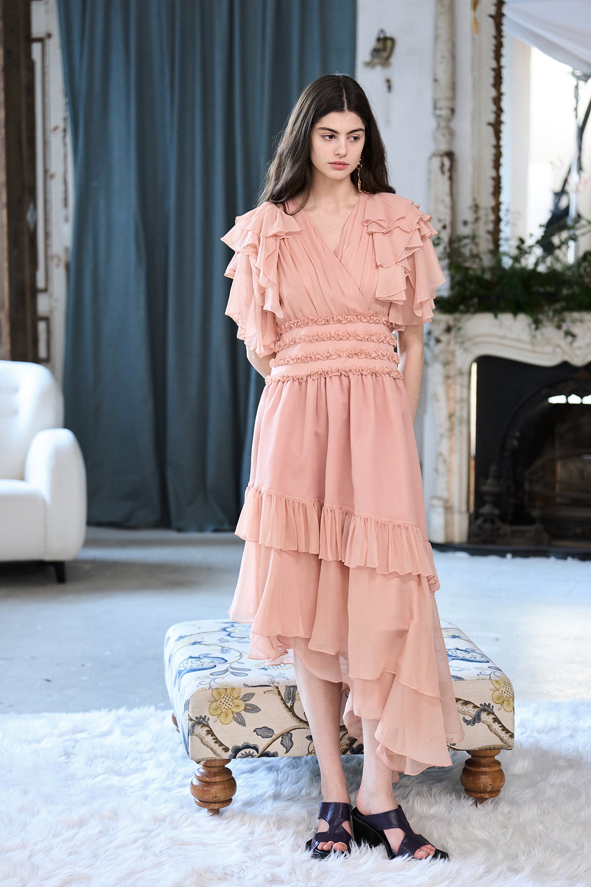 Flare sleeve wrap style asymmetric silk maxi dress - fasfas