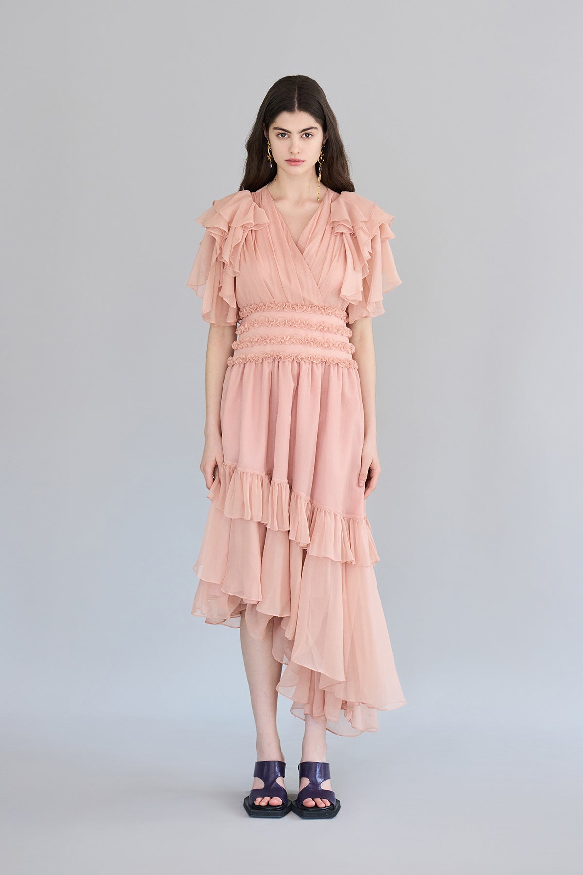 Flare sleeve wrap style asymmetric silk maxi dress - fasfas