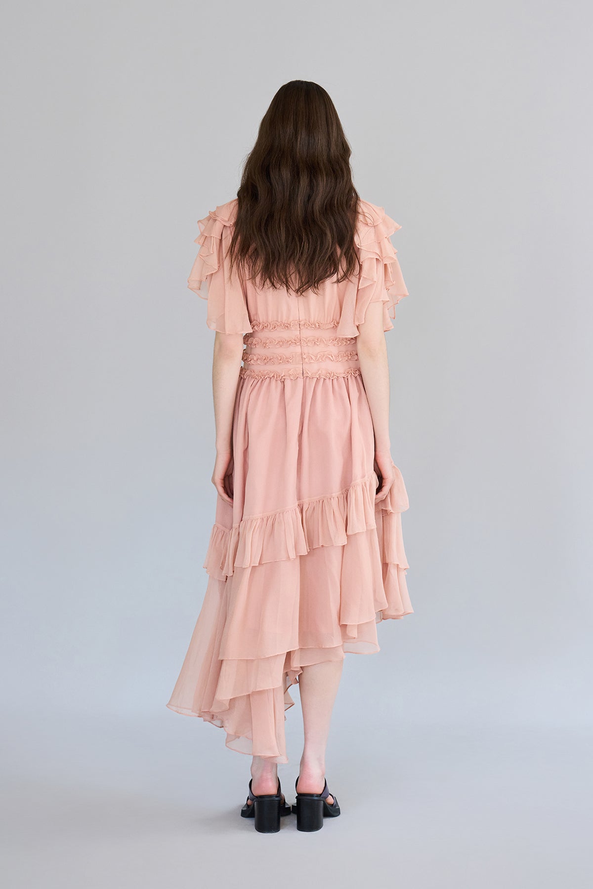 Flare sleeve wrap style asymmetric silk maxi dress - fasfas